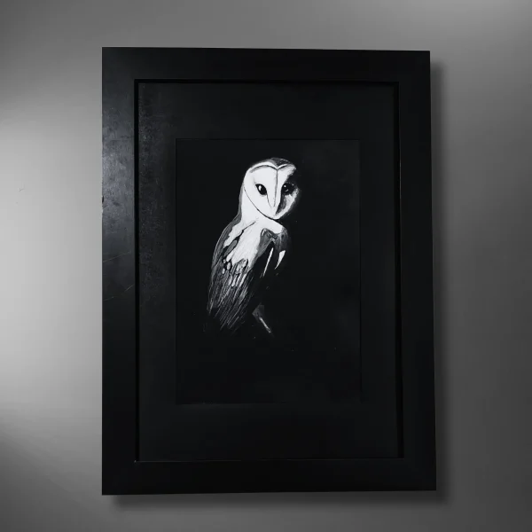 Lifestyle photo of Night Shift, an art prints by Tina Fletcher of a barn owl, in frame