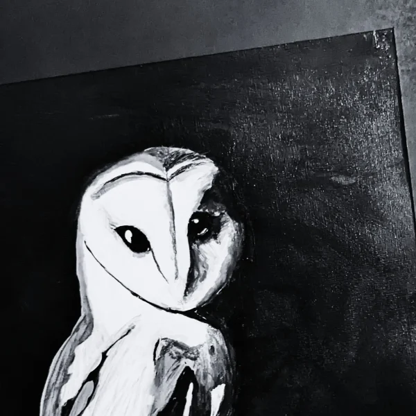 Lifestyle photo of Night Shift, an art prints by Tina Fletcher of a barn owl, close up in frame
