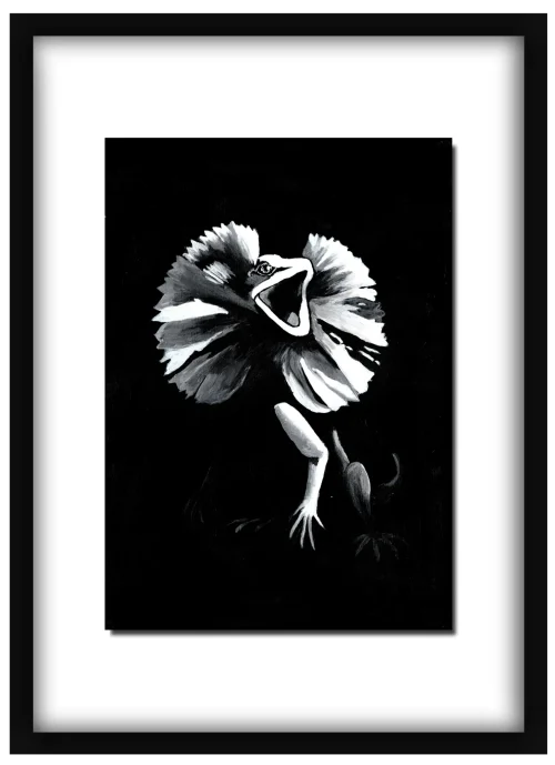 all-talker-main-framed Framed All Talker print of a frilled-neck lizard hanging on a wall