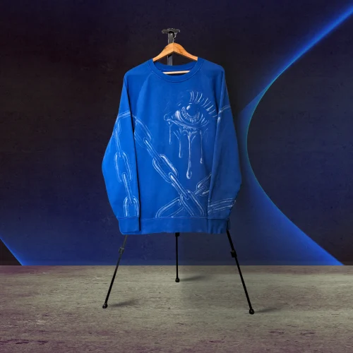 Bound Witness — hand-bleached wearable art sweater by Tina Fletcher, front view