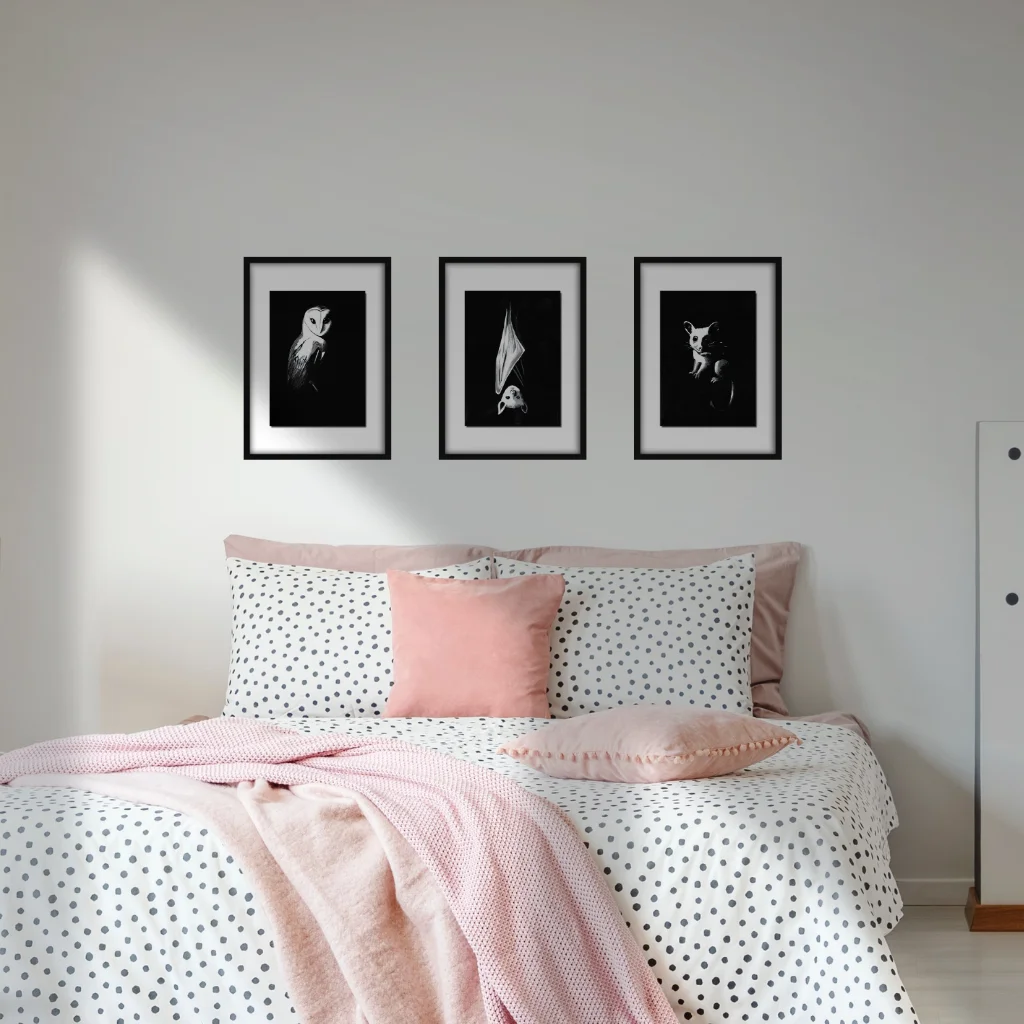 Lifestyle photo of the Nightlife Collection Night Shift bundle of Active Void acrylic prints styled in a room setting