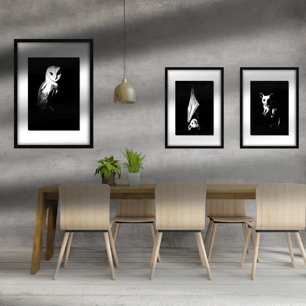 Lifestyle photo of the Nightlife Collection Night Shift bundle of Active Void acrylic prints styled in a room setting