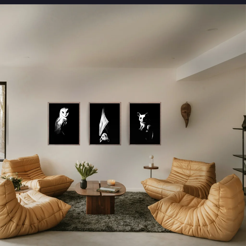 Lifestyle photo of the Nightlife Collection Night Shift bundle of Active Void acrylic prints styled in a room setting