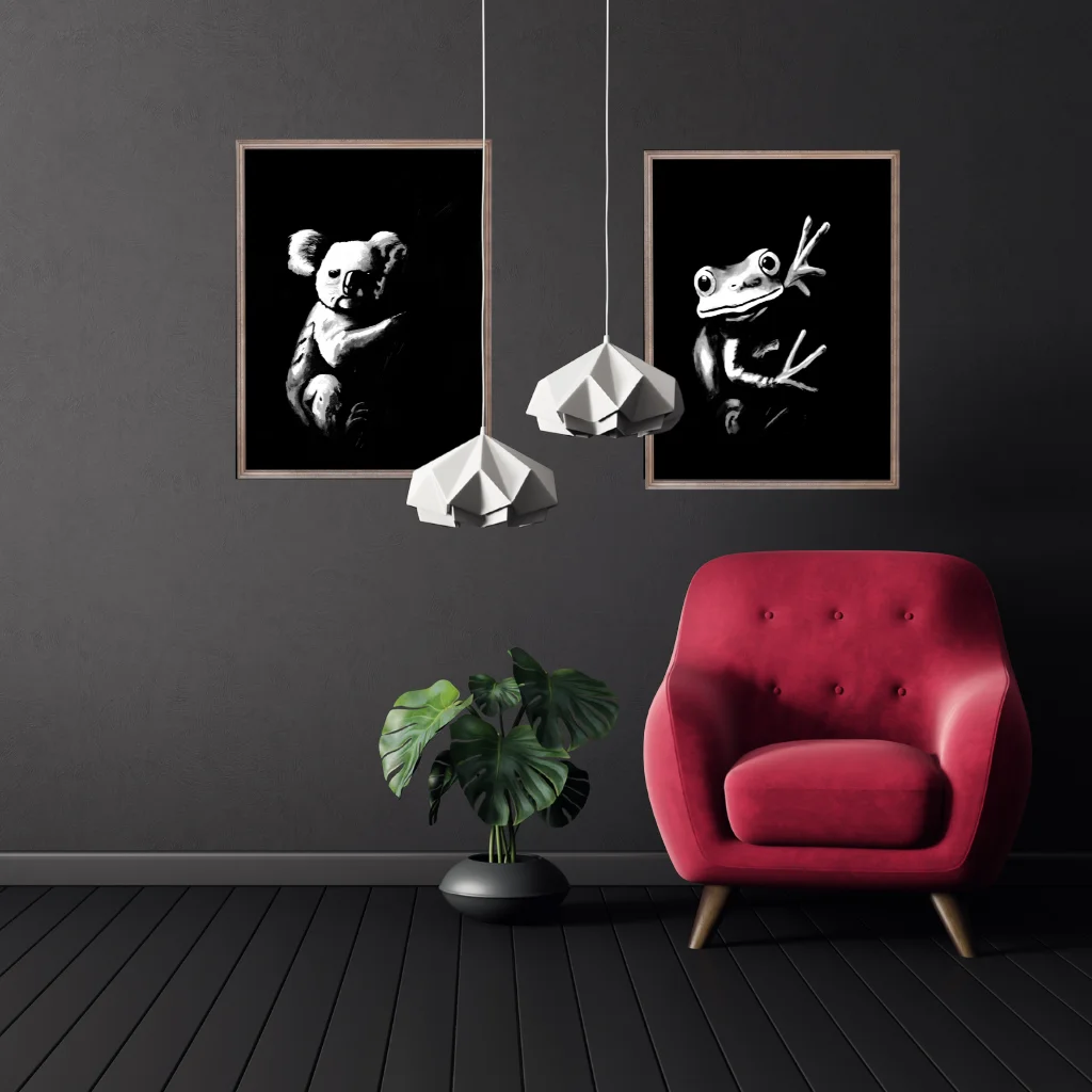 Lifestyle photo of the Nightlife Collection Quiet Collectors bundle of Active Void acrylic prints styled in a room setting