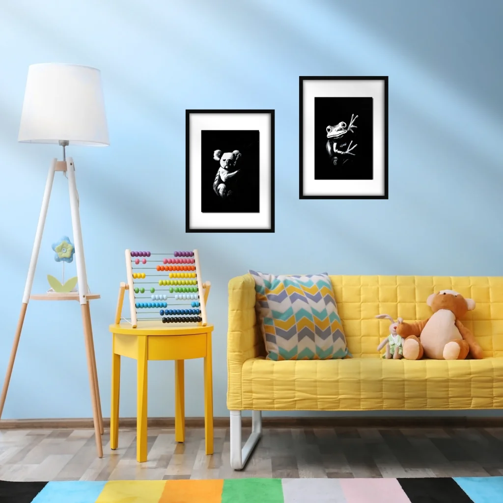 Lifestyle photo of the Nightlife Collection Quiet Collectors bundle of Active Void acrylic prints styled in a room setting