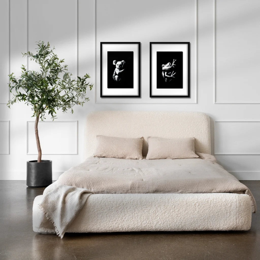 Lifestyle photo of the Nightlife Collection Quiet Collectors bundle of Active Void acrylic prints styled in a room setting
