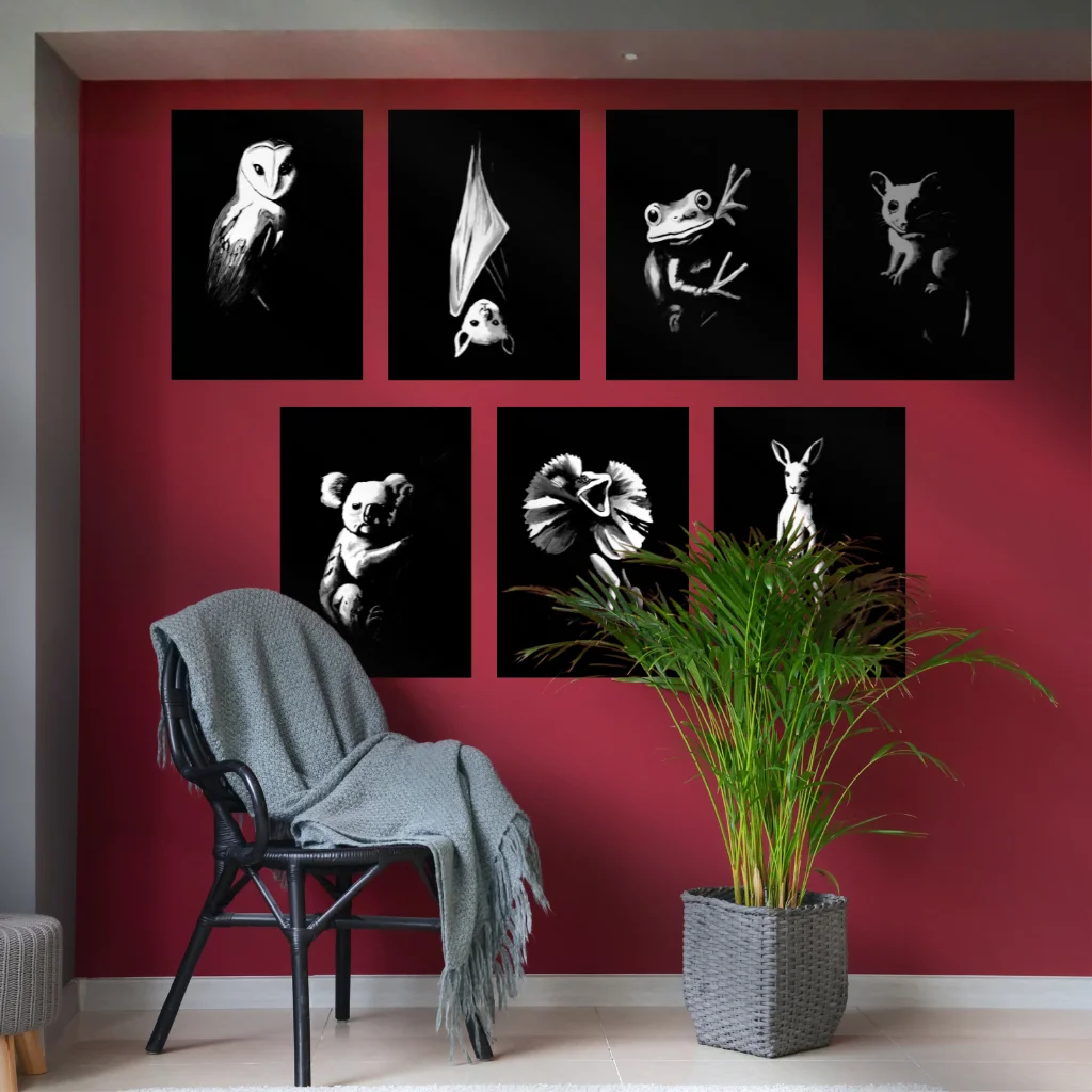 Lifestyle photo of the Nightlife Collection Nightlife gallery bundle of Active Void acrylic prints styled in a room setting