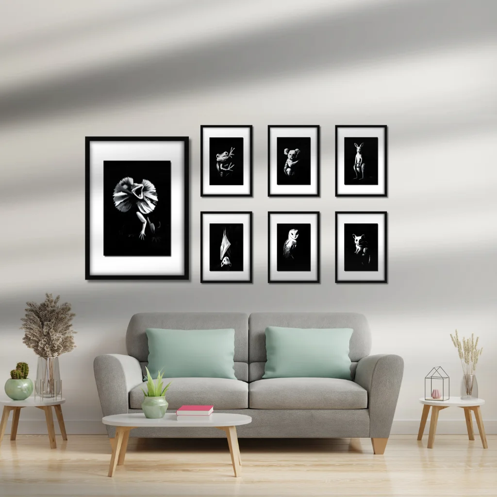 Lifestyle photo of the Nightlife Collection Nightlife gallery bundle of Active Void acrylic prints styled in a room setting