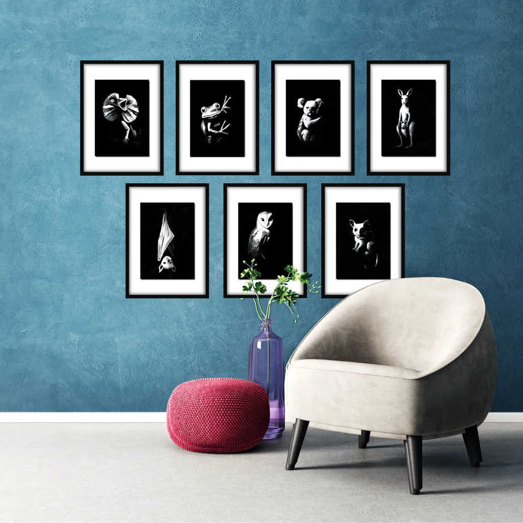 Lifestyle photo of the Nightlife Collection Nightlife gallery bundle of Active Void acrylic prints styled in a room setting
