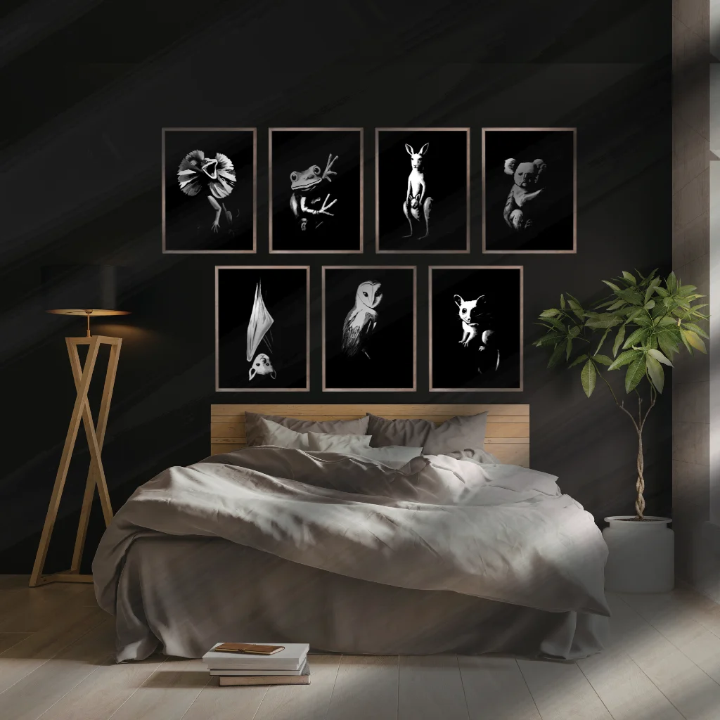 Lifestyle photo of the Nightlife Collection Nightlife gallery bundle of Active Void acrylic prints styled in a room setting