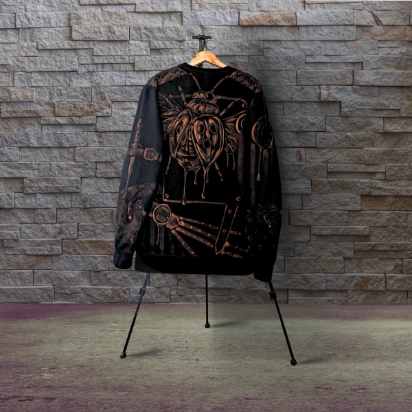 iron-wings-main-back.webp Iron Wings — hand-bleached wearable art sweater by Tina Fletcher, back view