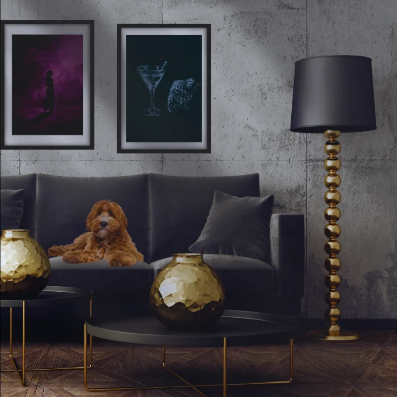 A quiet, stark moment illustrating monochrome art in a colourful room