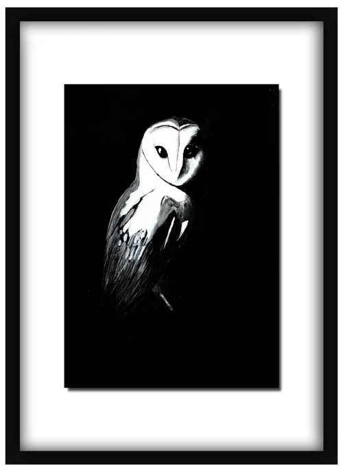 night-shift-main-framed Framed Night Shift print of a barn owl hanging on a wall