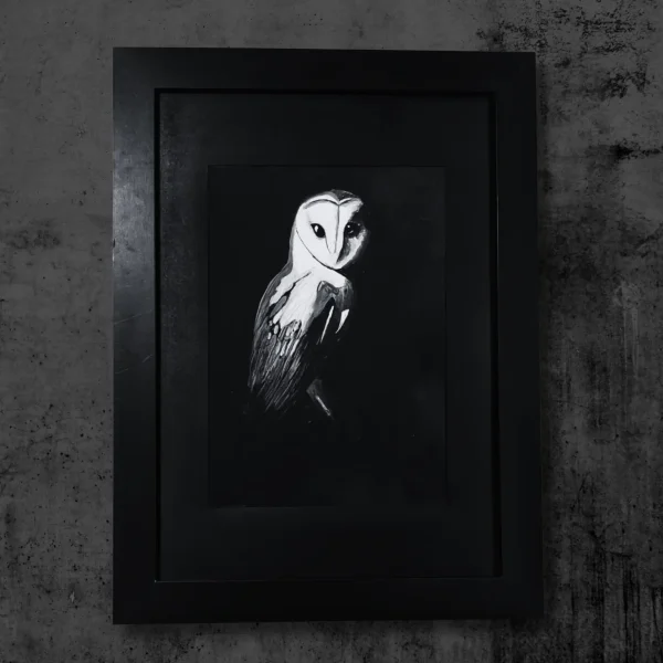 Lifestyle photo of Night Shift, an art prints by Tina Fletcher of a barn owl, styled in a room setting