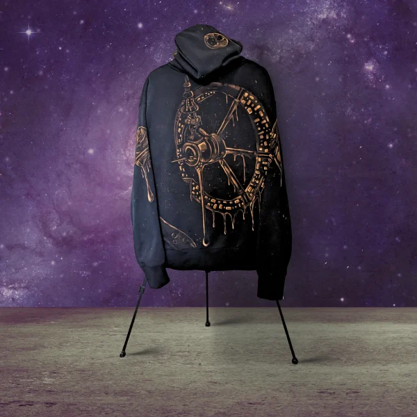 orbital-drift-main-back.webp Orbital Drift — hand-bleached wearable art hoodie by Tina Fletcher, back view