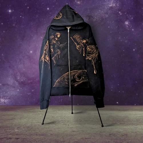 Orbital Drift — hand-bleached wearable art hoodie by Tina Fletcher, front view