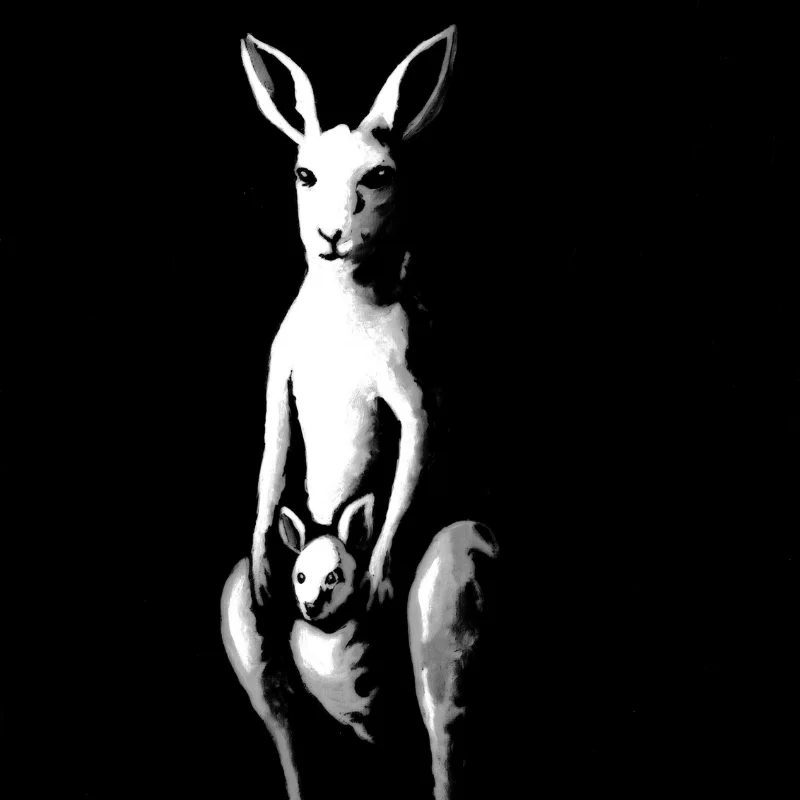 A quiet, stark moment illustrating the kangaroo painting Plus One