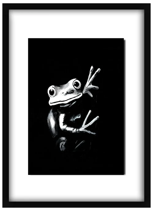 rent-free-main-framed Framed Rent Free print of a green tree frog hanging on a wall