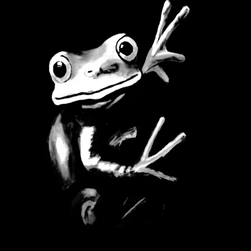 A quiet, stark moment illustrating the frog painting Rent Free