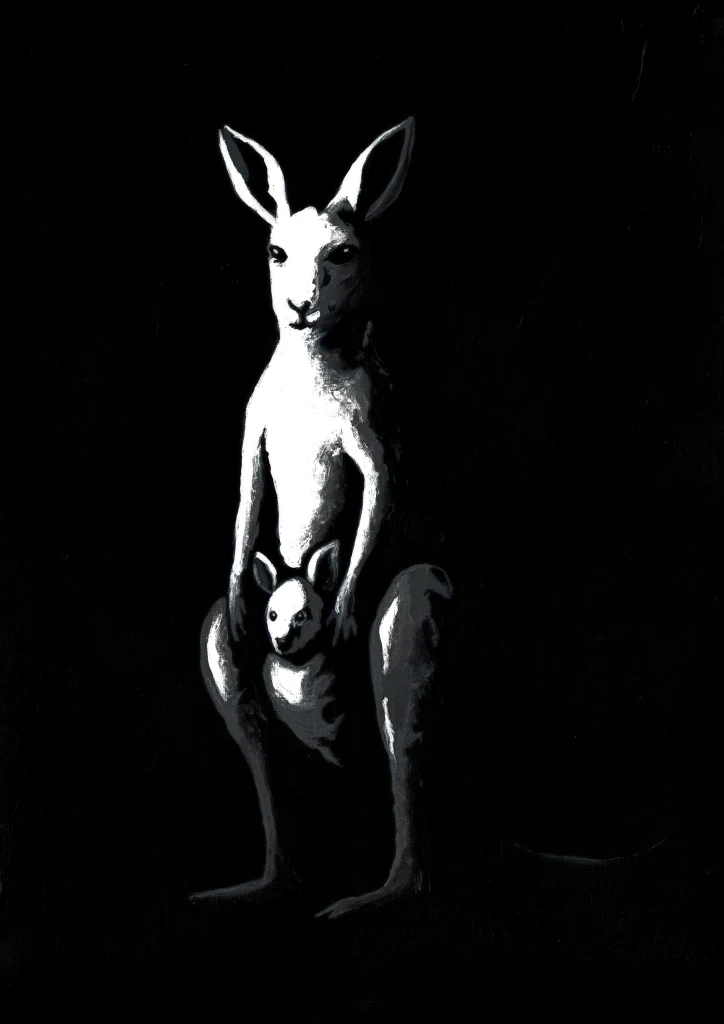 A kangaroo picked out in pale brushstrokes against a mostly black canvas, with generous surrounding darkness.