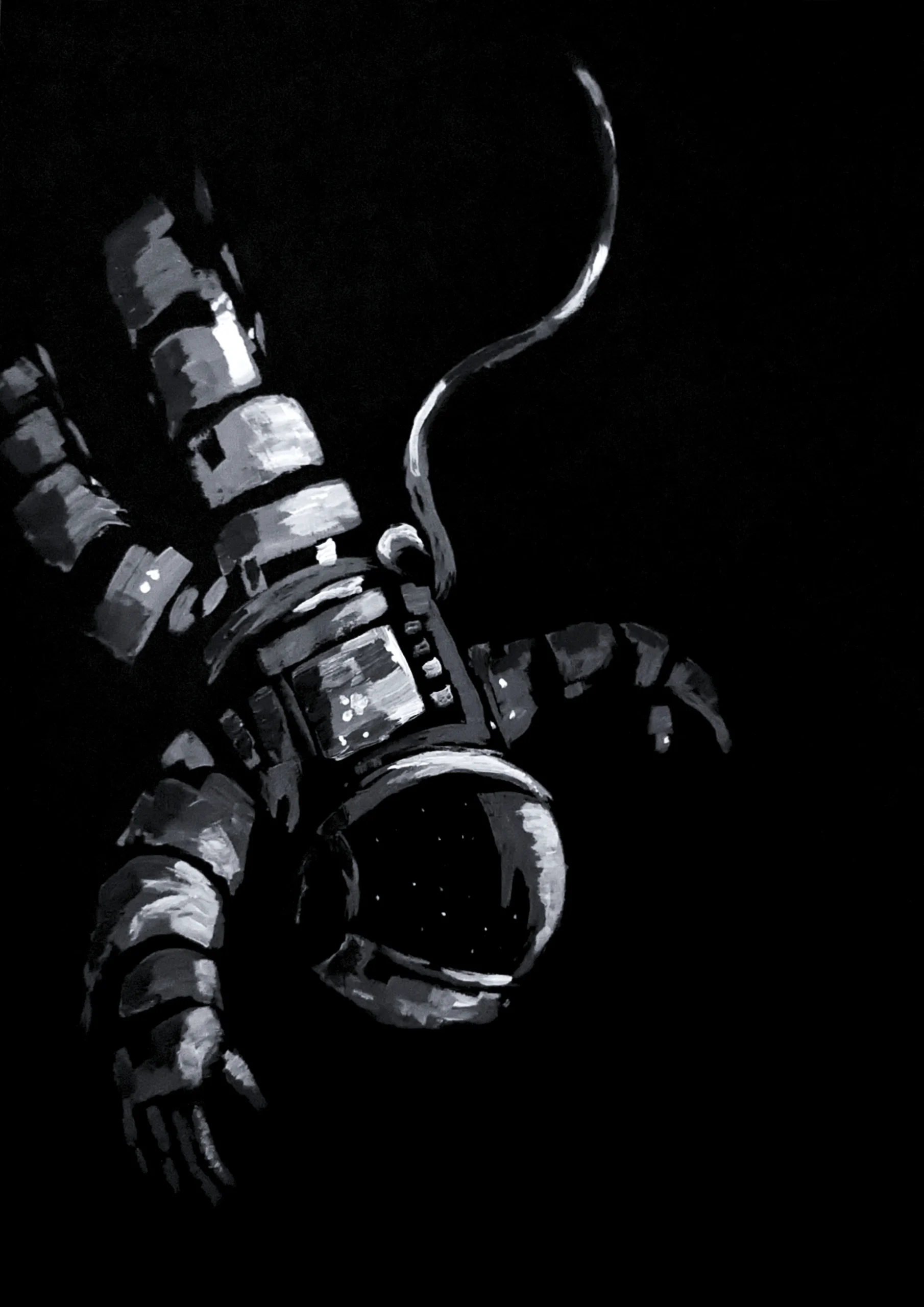 An astronaut built from chunky, broken marks of grey and bright edges against a dark background.