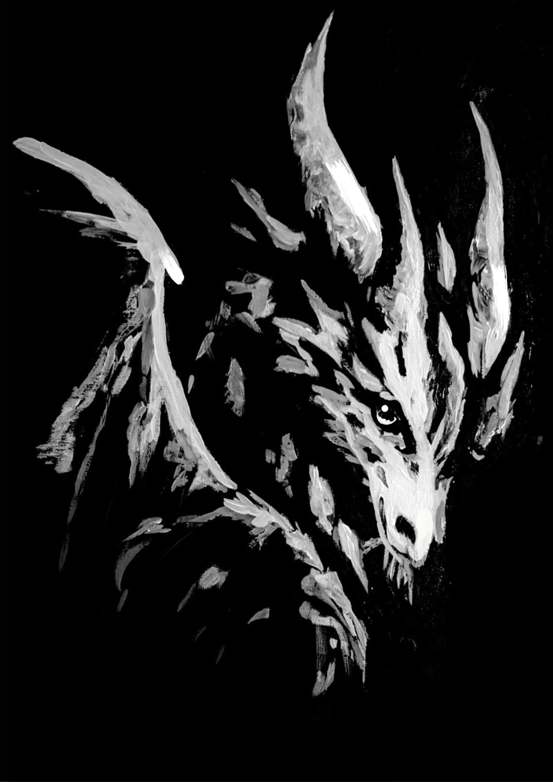A dragon emerging from a black canvas, its eye and selected details picked out in light.