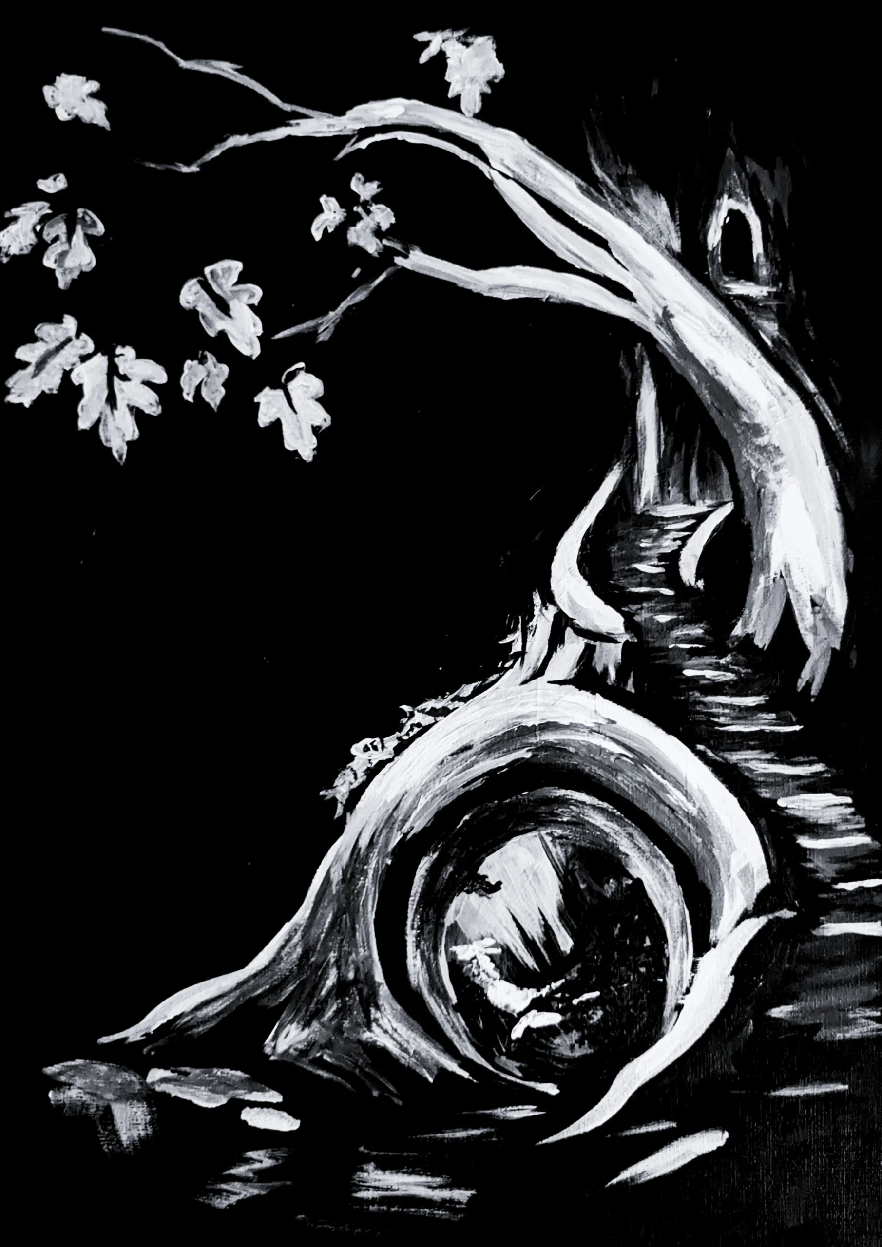 A tree painting with a staircase winding upwards, a small doorway and branches reaching across the dark canvas.