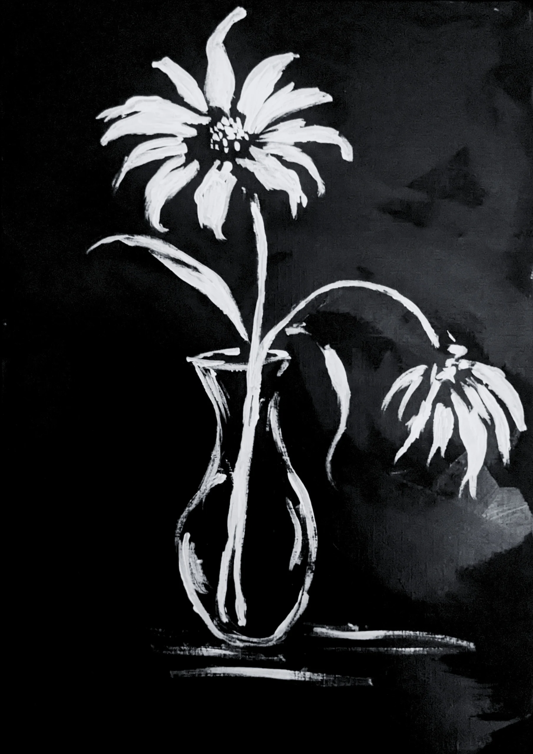 Loose flowers in a vase, suggested by a few white lines and unruly petals on a black canvas.
