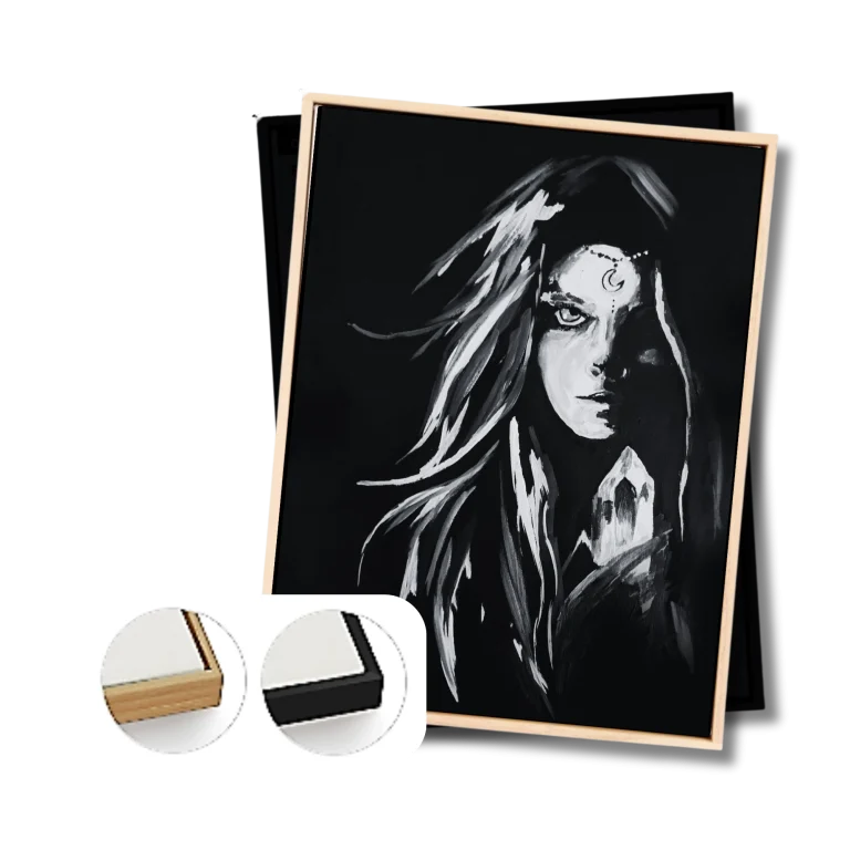 Canvas painting shown in natural timber and matte-black floating frames.