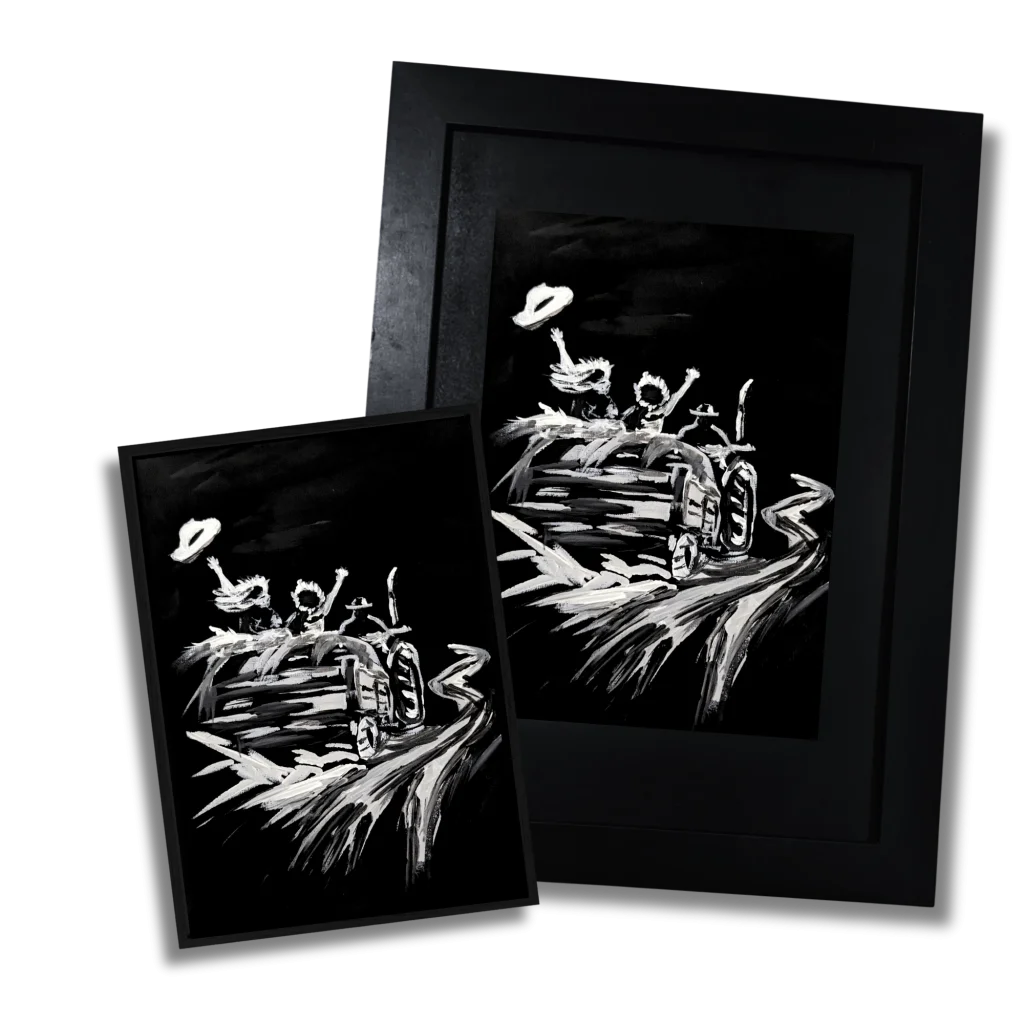 Two monochrome acrylic paintings displayed in black frames, illustrating paper framing options.