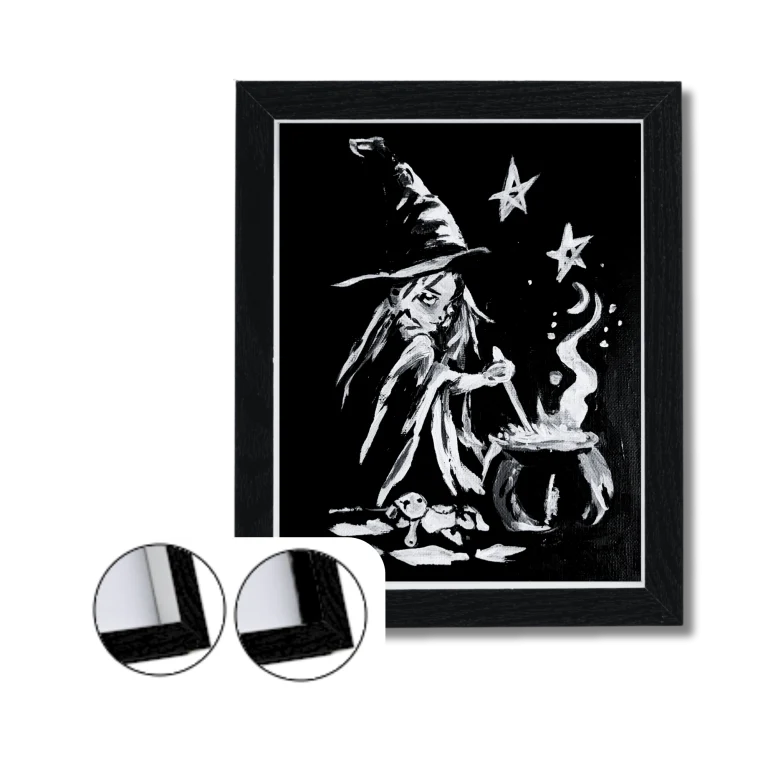 Small canvas painting in black box frames with white or matte-black recessed interiors.